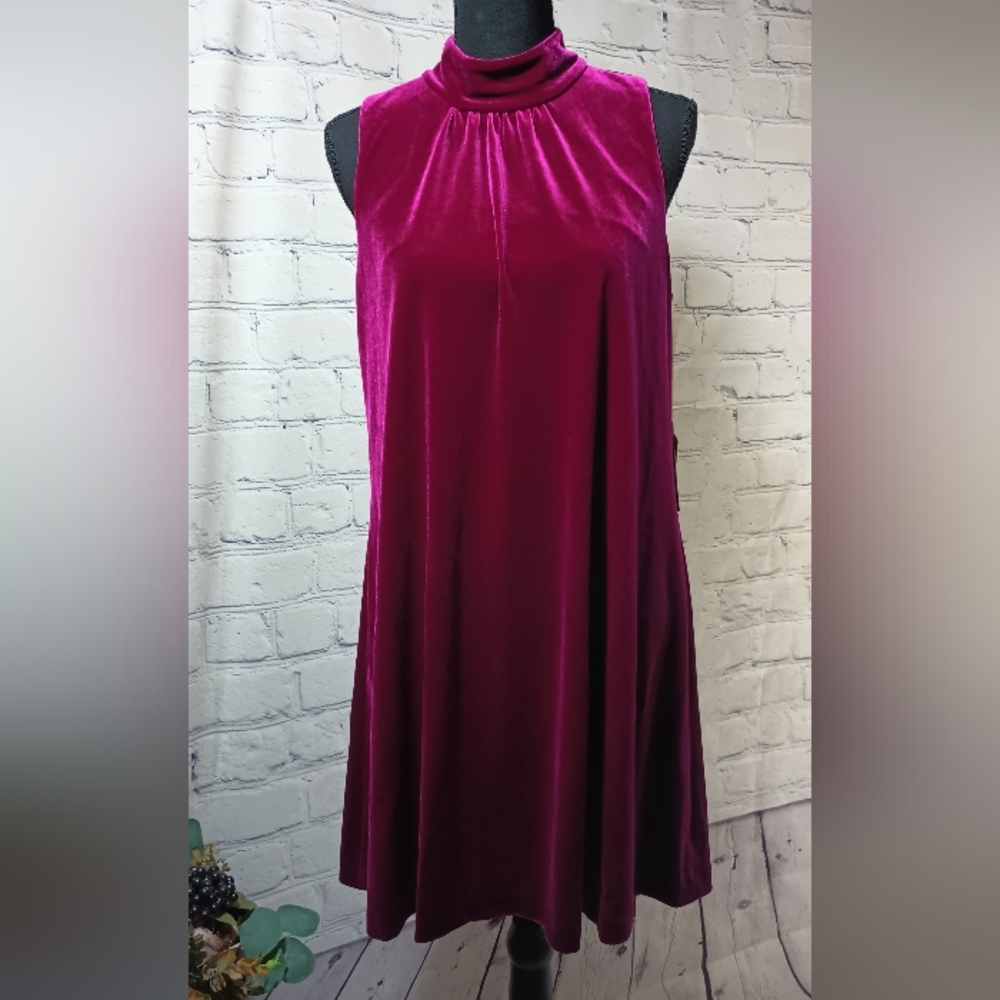 Slvls MockNeck Velvet Burnout Midi TrapezeDress Fuchsia